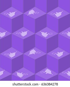 Abstract purple seamless background with cube patterns white splashes in optical art style, 3d effect illusion