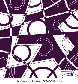 Abstract purple shape geometrical squares outlined lines and circular decoration isolated on vector square white template for social media post, cover title, paper and scarf textile prints, poster. 