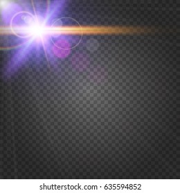 Abstract purple shiny flare on transparent background. Sunshine lens flare effect. Glowing light rays, bokeh, blur and sparkles in glitter bright line. Sun flash with beam and spotlight. Vector EPS 10