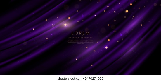 Abstract purple silk curved with light lines effect and bokeh on dark  background. Vector illustration