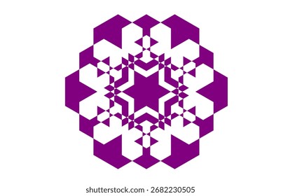 Mandala Abstractas púrpura del copo de nieve con la estrella central de seis puntas y los brazos cristalinos hexagonales, patrón ornamental inspirado en la geometría sagrada, obra de arte decorativa para el invierno, meditación, 
Yoga y arte de pared