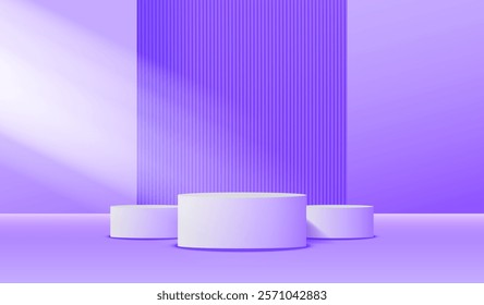 Abstract purple stage design with cylindrical platforms and striped textured background