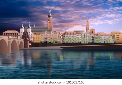 abstract purple sunset background with panorama of Heidelberg