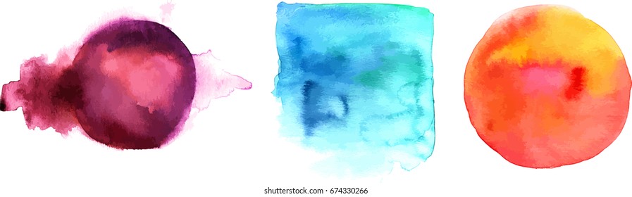 Abstract purple, teal, and red watercolor stains on a white background, scalable vector graphic