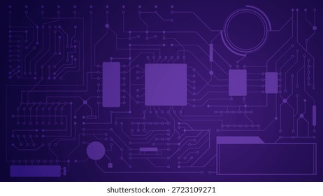 Fondo Abstractas de la tecnología púrpura con el modelo electrónico de la placa de circuitos y los Elementos del microchip. Diseño de red digital futurista para tecnología, innovación, datos y concepto cibernético.
