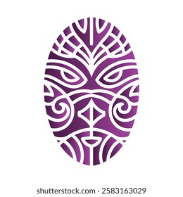 Abstract purple tribal mask featuring intricate geometric and symmetrical patterns. Ideal for cultural designs, decor, or artistic projects. Purple tribal mask design with geometric patterns