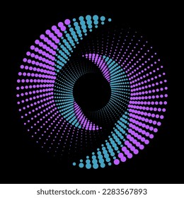 Abstract purple and turquoise spiral. Vector dots background for design banners, posters, business projects, pop art texture, covers. Geometric halftone texture.