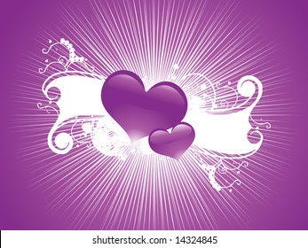 abstract purple two couple hearts with white floral elements, wallpaper