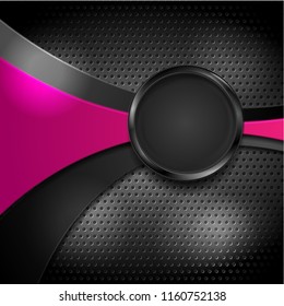 Abstract purple wave and black glossy circle on dark perforated metallic texture. Vector background