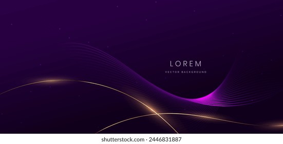 Abstract purple wave lines glowing on dark purple background with copy space for text. Luxury design style. Vector illustration