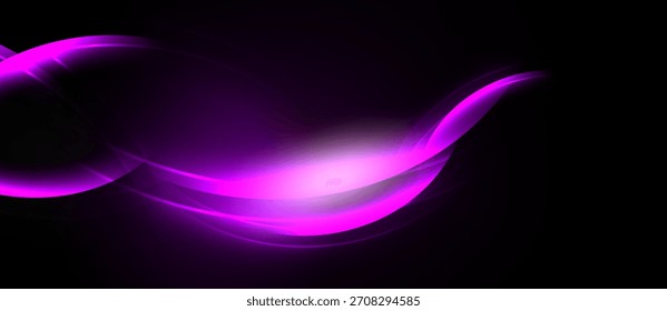 Ondas roxas abstratas, centro brilhante. Fundo escuro cria efeito visual dramático. Curvas suaves sugerem movimento, energia.