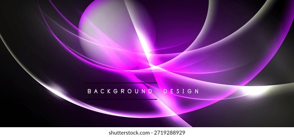 Abstractas ondas púrpuras sobre fondo negro. Las líneas brillantes crean un efecto visual dinámico y moderno. El diseño incluye diseño de fondo de texto.