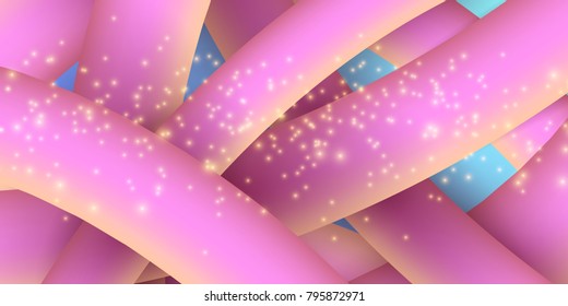 Abstract purple yellow fluid lines in 3d style. Banner for text. Blue background. Golden lights, glare. Modern design for your project. Plexus lines. Vector illustration