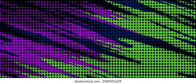 Abstract purple and yellow sports background with geometric shapes and texture dot pattern