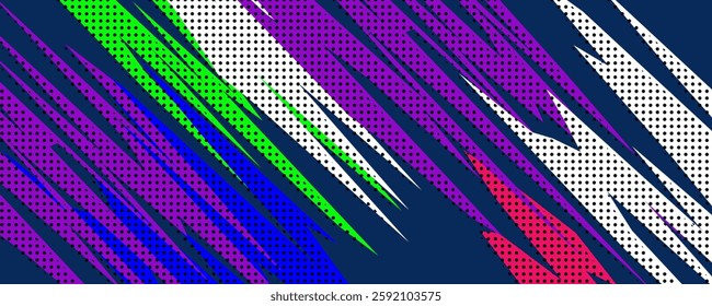 Abstract purple and yellow sports background with geometric shapes and texture dot pattern halftone. eps 10