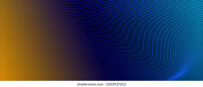 Abstract purple and yellow wave line pattern on dark blue background with copy space