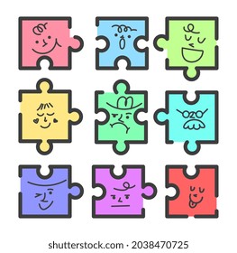 Abstract Puzzle creatures with Faces. Colorful icons with various emotions in style of line art. Cute characters for and social networks. Cartoon flat vector collection isolated on white background