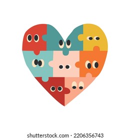 Abstract Puzzle creatures with Faces. Heart shaped. Different colored characters. Bright textures. Cartoon style. Flat design. Hand drawn trendy Vector illustration. Every face is isolated