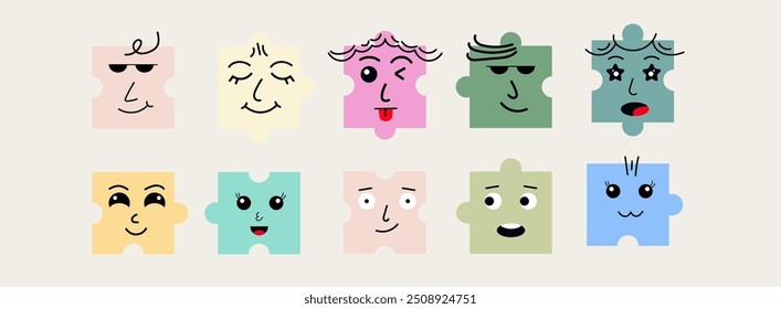 Abstrato Puzzle criaturas com Rostos. Várias emoções. Caracteres coloridos diferentes. Texturas brilhantes. Estilo de desenho animado. Design plano. Desenhado à mão na moda ilustração Vetor. 