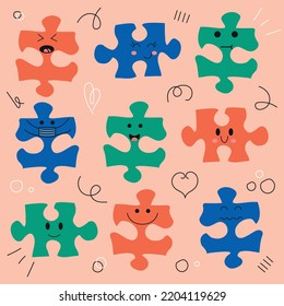 Abstract puzzle with faces. Colorful bright puzzle set  in flat style with various emotions on pink background. Modern hand drawn vector illustration. Cartoon style.