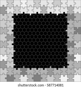 Abstract Puzzle Gray Tone On Black Honeycomb Background 