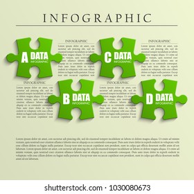  Abstract puzzle infographic template with explanatory text field for business statistics. Vector four pieces puzzles illustration. Section compare service banner.