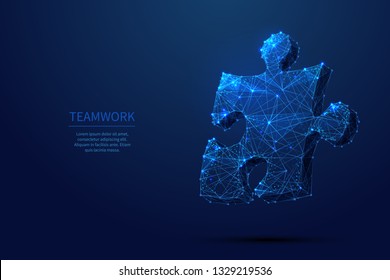 Abstract puzzle on dark blue background. Network or teamwork symbol composed of polygons. Low poly vector illustration of a starry sky or Cosmos, consists of lines, dots and shapes