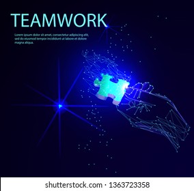 Abstract puzzle on dark blue background. Network or teamwork symbol composed of polygons. Low poly vector illustration of a starry sky or Cosmos, consists of lines, dots and shapes