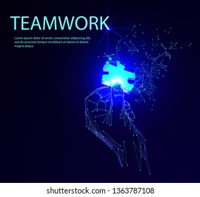 Abstract puzzle on dark blue background. Network or teamwork symbol composed of polygons. Low poly vector illustration of a starry sky or Cosmos, consists of lines, dots and shapes