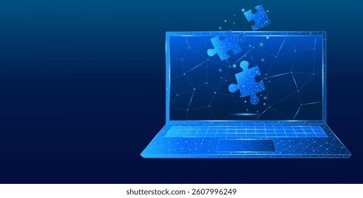 Abstract puzzle on a laptop screen. Business solution concept on a technological background. Light blue monochrome holographic style