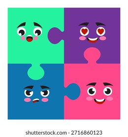 Abstractas rompecabezas. Expresión de emociones. Caras felices o enojadas. Amado emoticono. Conexión de puzzle. Emoji de dibujos animados. Alegría y felicidad. Sonrisas cómicas. Las piezas se unen. Sentimientos emocionales. Anuncio de color de Vector