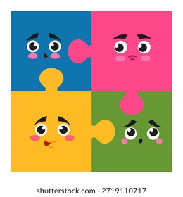 Abstract puzzles. Emotion expression. Happy or angry faces. Surprised emoticon. Jigsaw connection. Cartoon emoji. Joy and happiness. Comic smiles. Parts join. Emotional feelings. Vector color banner