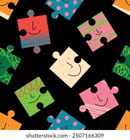 Abstract puzzles with faces on dark background. Hand drawn trendy Vector seamless Pattern. Different colored characters. Cartoon style. Flat design.  Background, wallpaper.