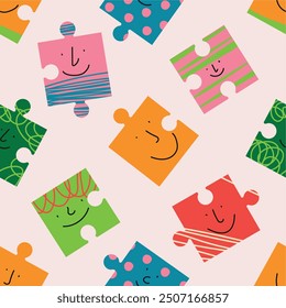 Abstract puzzles with faces on light background. Hand drawn trendy Vector seamless Pattern. Different colored characters. Cartoon style. Flat design.  Background, wallpaper.