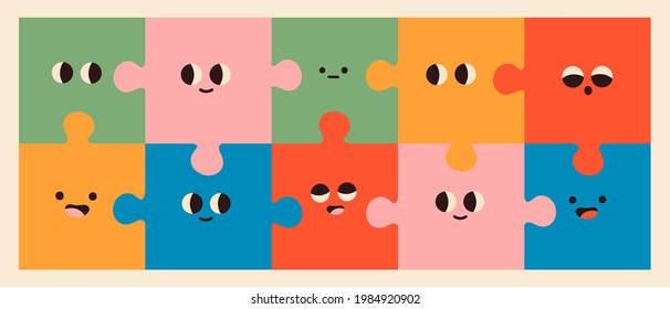 Abstract Puzzles with Faces. Various Emotions. Different colored characters. Cartoon style. Flat design. Hand drawn trendy Vector illustration. Poster or print template
