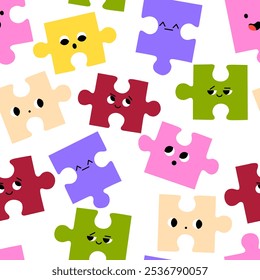 Abstract Puzzles with Faces. Various Emotions. Different colored characters. Hand drawn trendy Vector seamless Pattern. Background, wallpaper