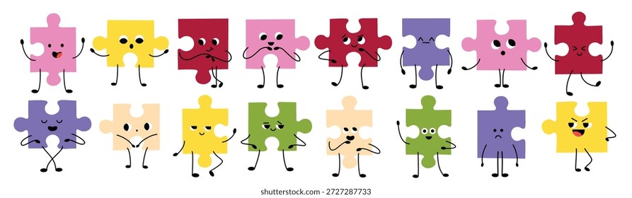 Abstractas rompecabezas con caras. Varias emociones. Caracteres de diferentes colores. Estilo de dibujos animados. Diseño plano. Ilustración vectorial de moda dibujada a mano.