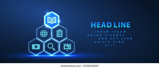 Abstract pyramid of hexagons with educational icons. Online learning, virtual teacher, AI assistant, resource management, educational system innovation, training technology, curriculum concept.