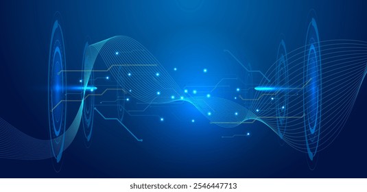 Tecnologia abstrata de computadores quânticos. Linha ondulada com plano de fundo azul de placa de circuito