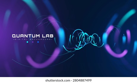Abstract Quantum Lab Background, Modern Digital Technology Concept. Dynamic Fast Glow Neon Circle Graphic Design, Bright Light Advance Future Science Physics Data Core Matrix Art. Vector Illustration.