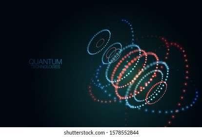 Abstract quantum technology background. Glowing particles and blurred circles. Digital innovation concept for your design.