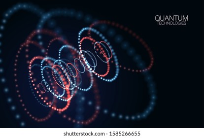 Abstract quantum technology background. Glowing particles and blurred circles. Digital innovation concept for your design.