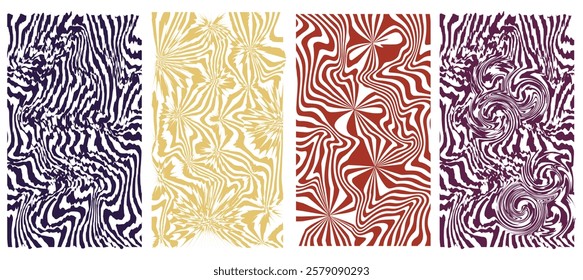 Abstract Quartet, A Collection of Distorted Line Patterns in Purple, Gold, and Red, Showcasing Swirls, Explosions, and Curvilinear Designs