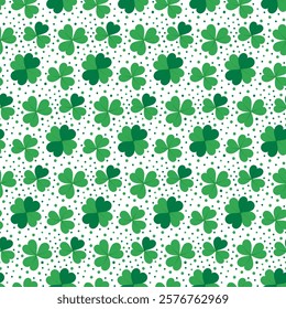 Abstract Quatrefoil and Shamrock with dots Seamless Pattern in monochrome green. St Patrick Day fond