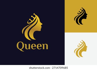 Abstrato Queen Logo Icon Design com Golden Female Silhueta Conceito para Salão de Beleza e Identidade de marca de luxo