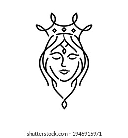 abstract Queen one line Illustration, Beautiful girl in the crown, continuous line drawing, tattoo, print shirt and logo design, silhouette single line on a white background, isolated vector 