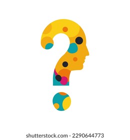 Abstract question mark human head. Color creative human in front of whom the big problems and solution issues. Vector illustration flat design. Isolated on white background.