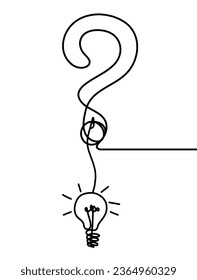 Abstract question mark with light bulb as continuous lines drawing on white background. Vector