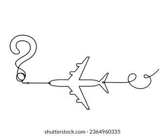 Abstract question mark with plane as continuous lines drawing on white background. Vector