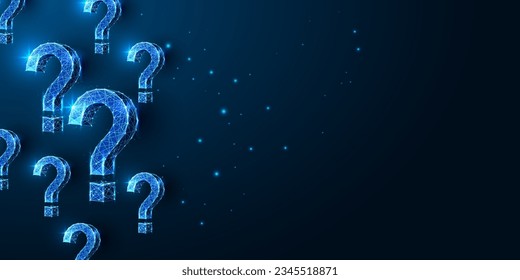 Abstract question marks futuristic concept banner with place for text in glowing low polygonal style on dark blue background. Modern abstract connection design vector illustration.